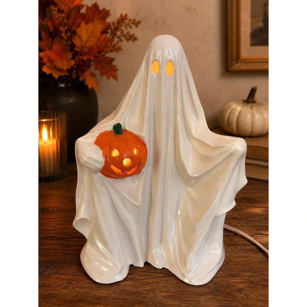 Vintage 1972 Byron Mold Halloween Light Up Ceramic Ghost With Pumpkin
